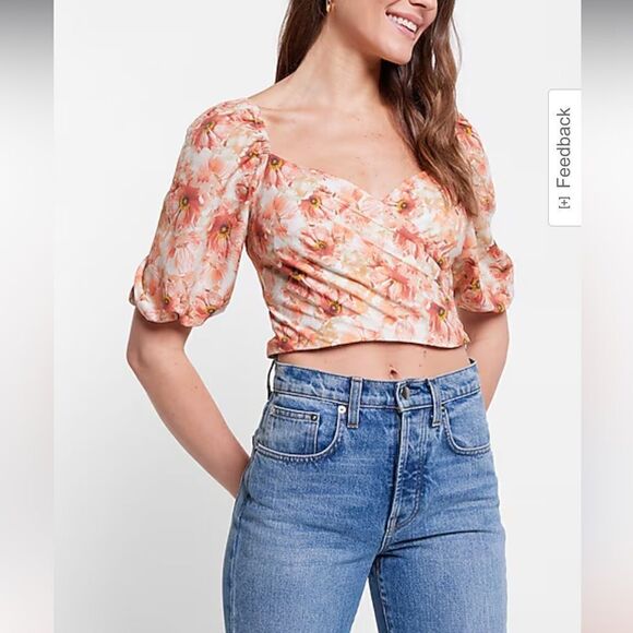 NWT Express Satin Floral Print Faux Wrap Tie Back Cropped Top - Picture 1 of 11